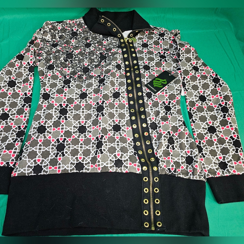 Rocawear Womens Geometric‎ Lattice Full Zip Track Jacket Black Pink XL R03337030